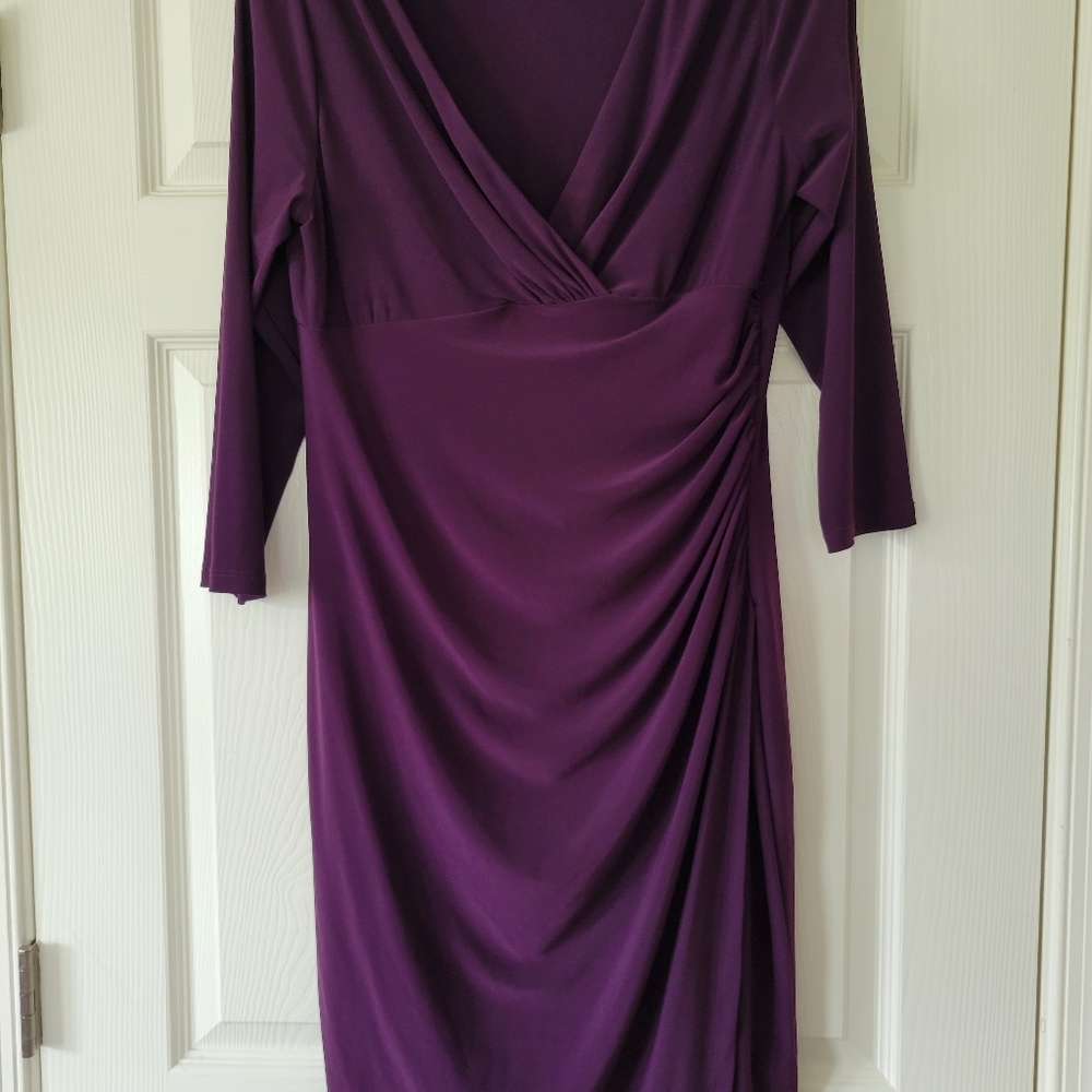 Lauren Ralph Lauren Dress Cocktail Drape Sheath Purple V-Neck Knee Length 14